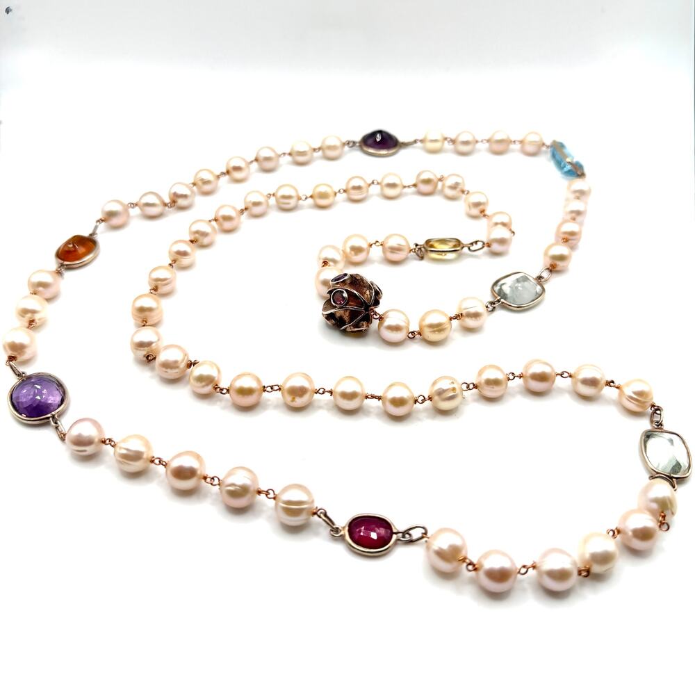 Vintage Y2K Pink Pearl Amethyst Citrine Topaz Wire Wrapped Station Necklace
